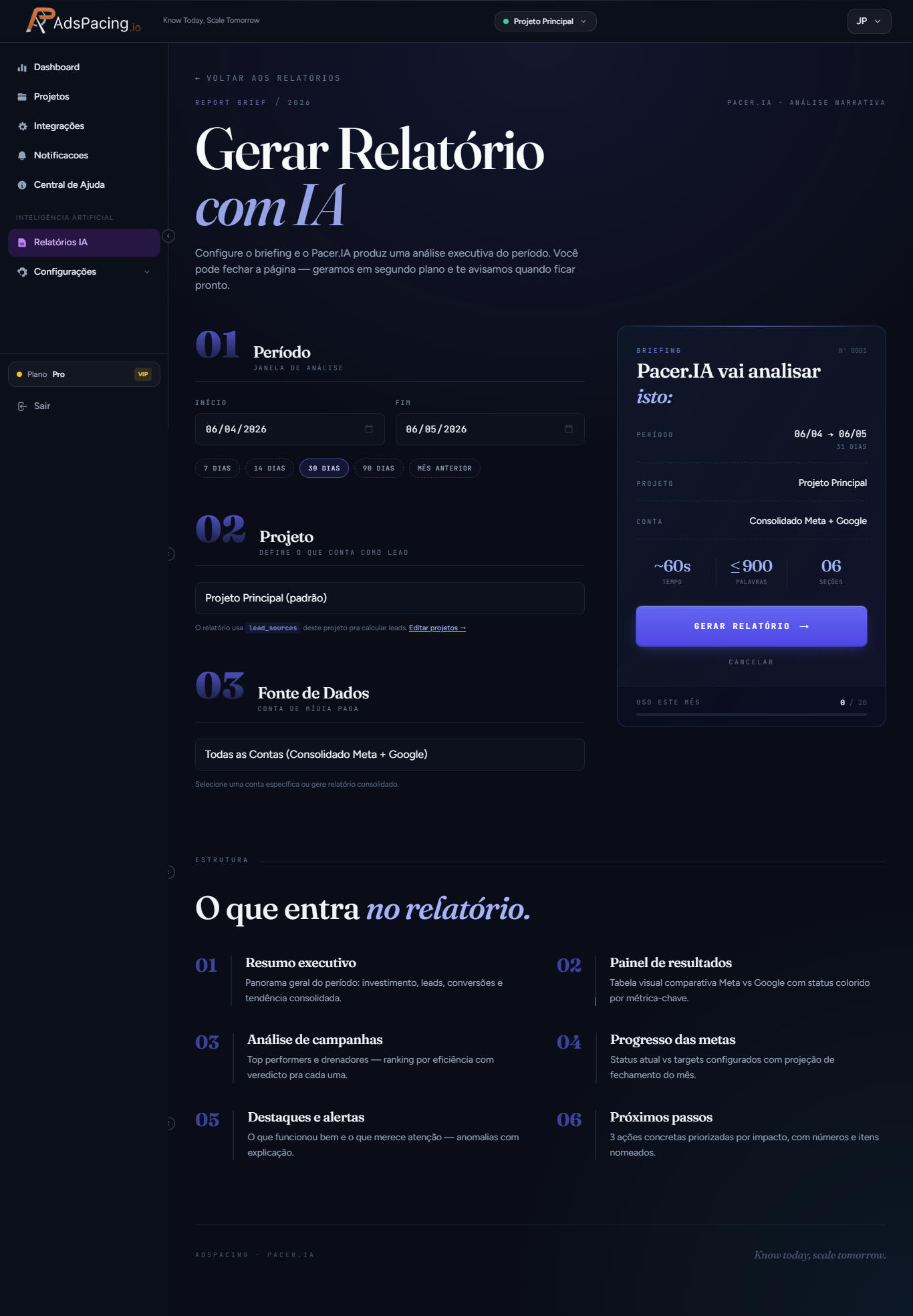 Geração de relatório com IA no AdsPacing